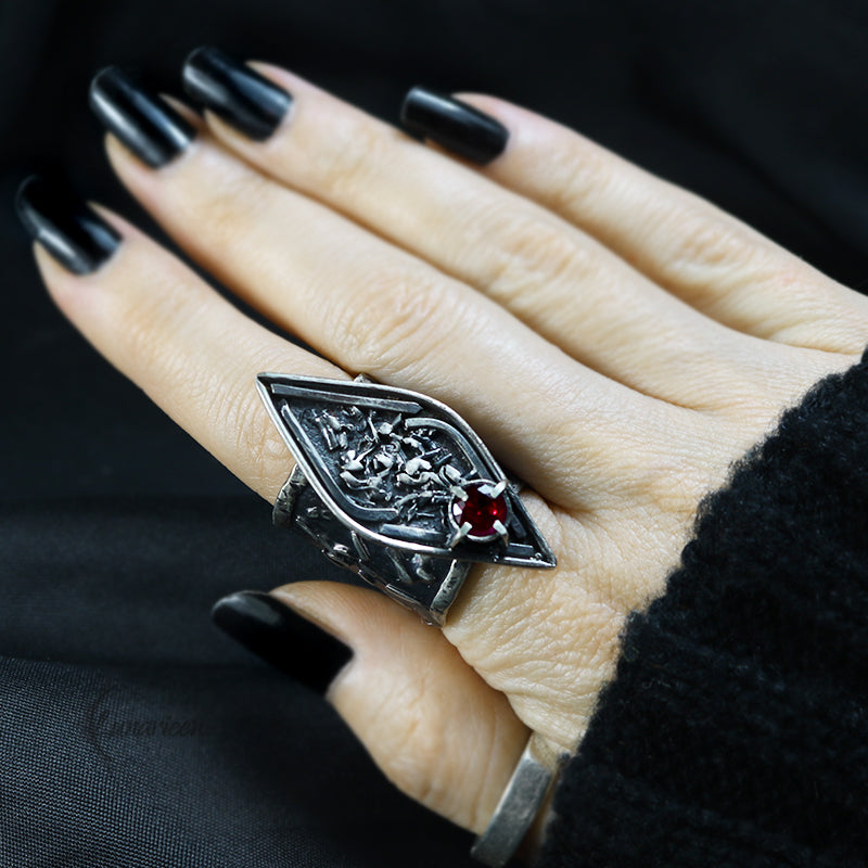 Rustic Molten Sterling Silver & Silver Plated Brass Ruby Cubic Zirconia Gothic Antique Hammered Ring Metalsmith Unisex Artisan Jewelry