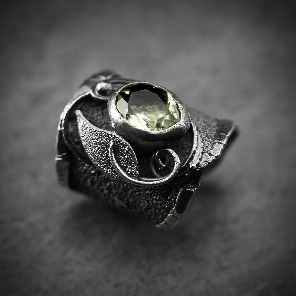 Handcrafted Green Amethyst Ring: Oxidized Sterling Silver Adjustable Statement