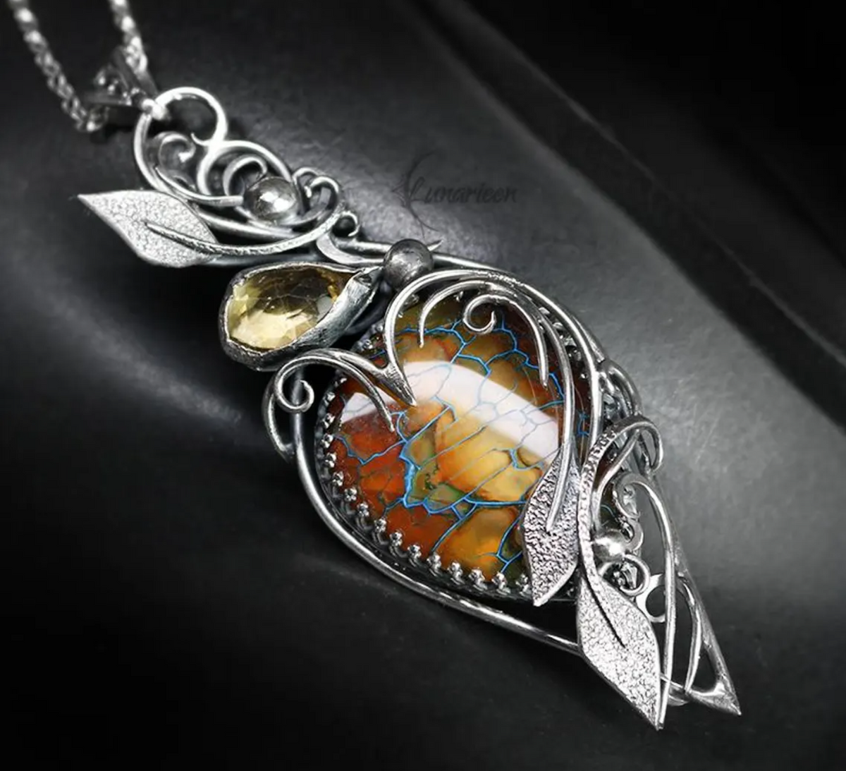 Sterling Silver Citrine and Agate Floral Pendant Necklace: Gothic Elven Jewelry, Witchy Talisman, Artisan Jewellery, Autumn Season