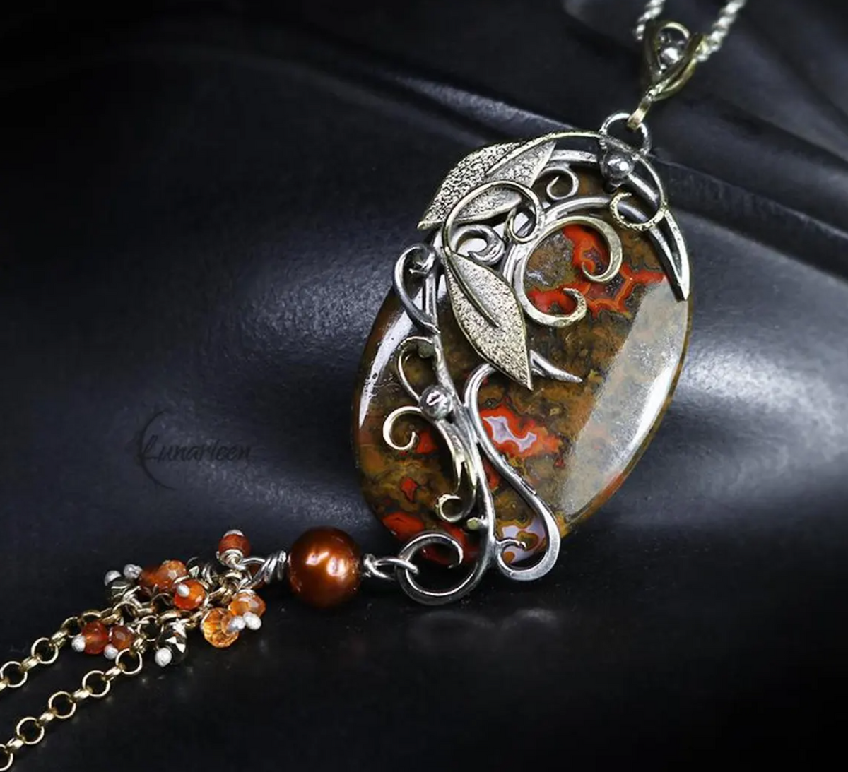 Artisan mixed metal pendant, Brass & Silver Jasper Floral Necklace: Gothic Handmade Jewelry, Witchy Talisman, Elven Jewellery, Autumn Season