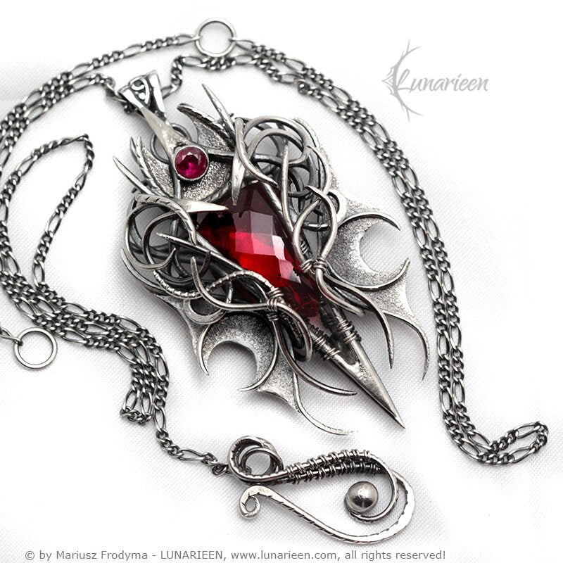 Sterling Silver, Fantasy Gothic style Necklace Pendant, Red Quartz Cubic Zirconia Vampire Elven Witchy, Unisex Unique Jewellery Jewelry Gift