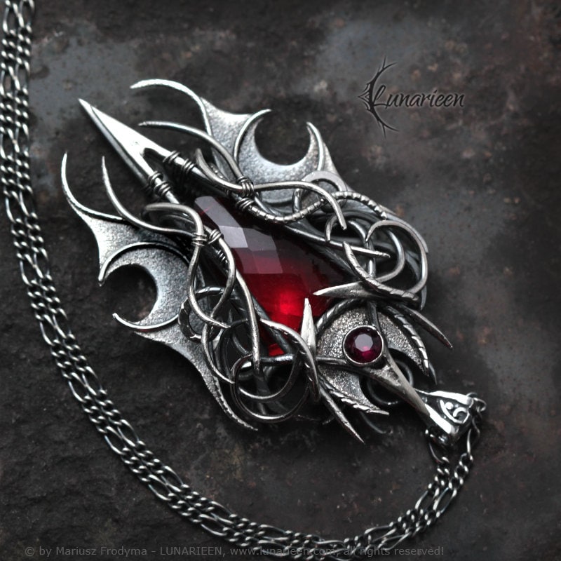 Sterling Silver, Fantasy Gothic style Necklace Pendant, Red Quartz Cubic Zirconia Vampire Elven Witchy, Unisex Unique Jewellery Jewelry Gift