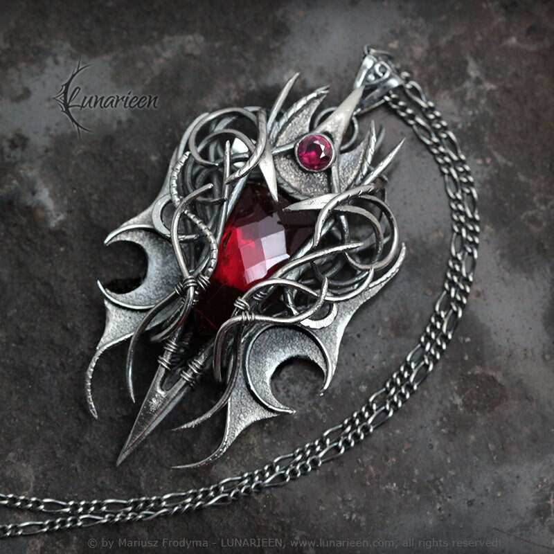 Sterling Silver, Fantasy Gothic style Necklace Pendant, Red Quartz Cubic Zirconia Vampire Elven Witchy, Unisex Unique Jewellery Jewelry Gift