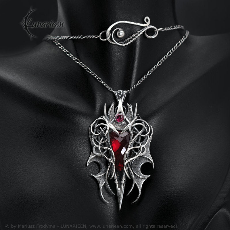Sterling Silver, Fantasy Gothic style Necklace Pendant, Red Quartz Cubic Zirconia Vampire Elven Witchy, Unisex Unique Jewellery Jewelry Gift