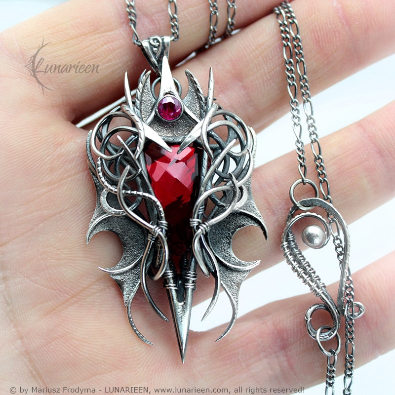 Sterling Silver, Fantasy Gothic style Necklace Pendant, Red Quartz Cubic Zirconia Vampire Elven Witchy, Unisex Unique Jewellery Jewelry Gift