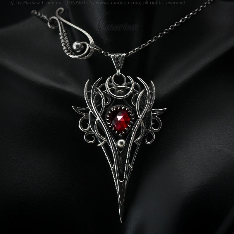 Sterling Silver, Fantasy Gothic style Necklace Pendant, Red Quartz, Vampire Elven Witchy Jewellery Jewelry, Unisex Unique gift