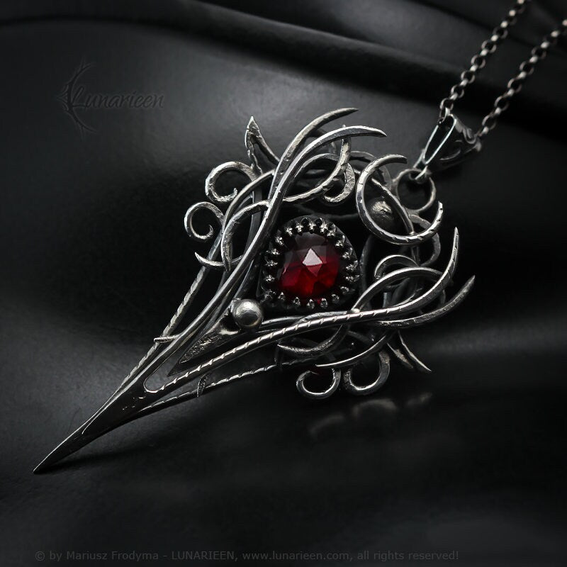Sterling Silver, Fantasy Gothic style Necklace Pendant, Red Quartz, Vampire Elven Witchy Jewellery Jewelry, Unisex Unique gift
