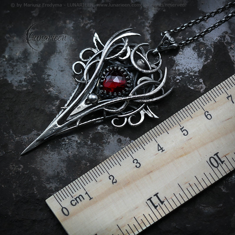 Sterling Silver, Fantasy Gothic style Necklace Pendant, Red Quartz, Vampire Elven Witchy Jewellery Jewelry, Unisex Unique gift
