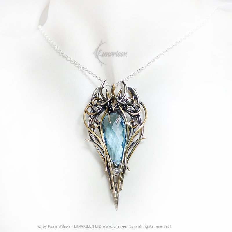 Silver Brass Blue Quartz necklace jewelry Elven pendant fantasy elvish gothic witchy vampire fashion unique gift