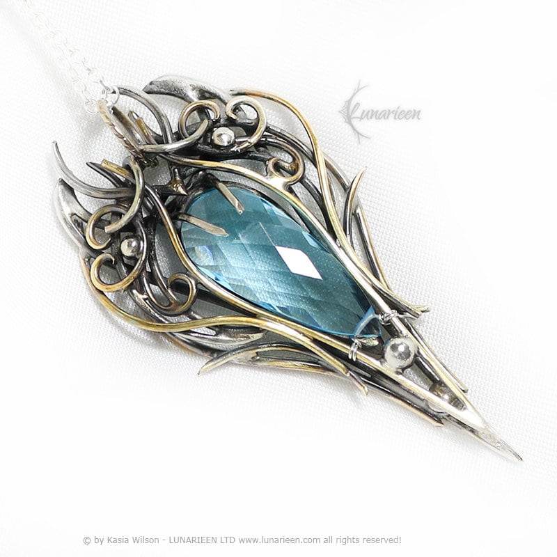 Silver Brass Blue Quartz necklace jewelry Elven pendant fantasy elvish gothic witchy vampire fashion unique gift