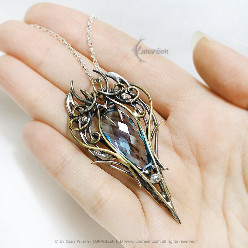 Silver Brass Blue Quartz necklace jewelry Elven pendant fantasy elvish gothic witchy vampire fashion unique gift