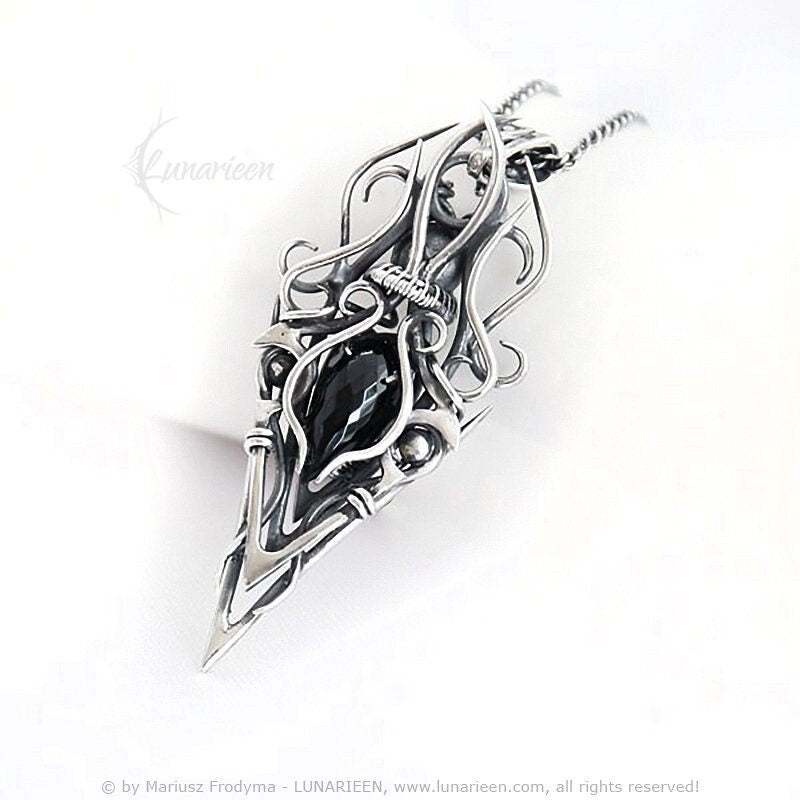 Sterling Silver, Fantasy Dark Gothic style Necklace Pendant, Black Spinel, 20