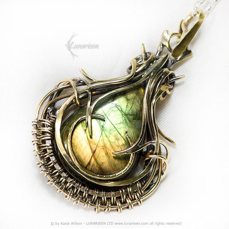Brass Silver necklace Labradorite jewelry Elven pendant fantasy elvish gothic witchy vampire fashion unique gift wire wrapping jewellery