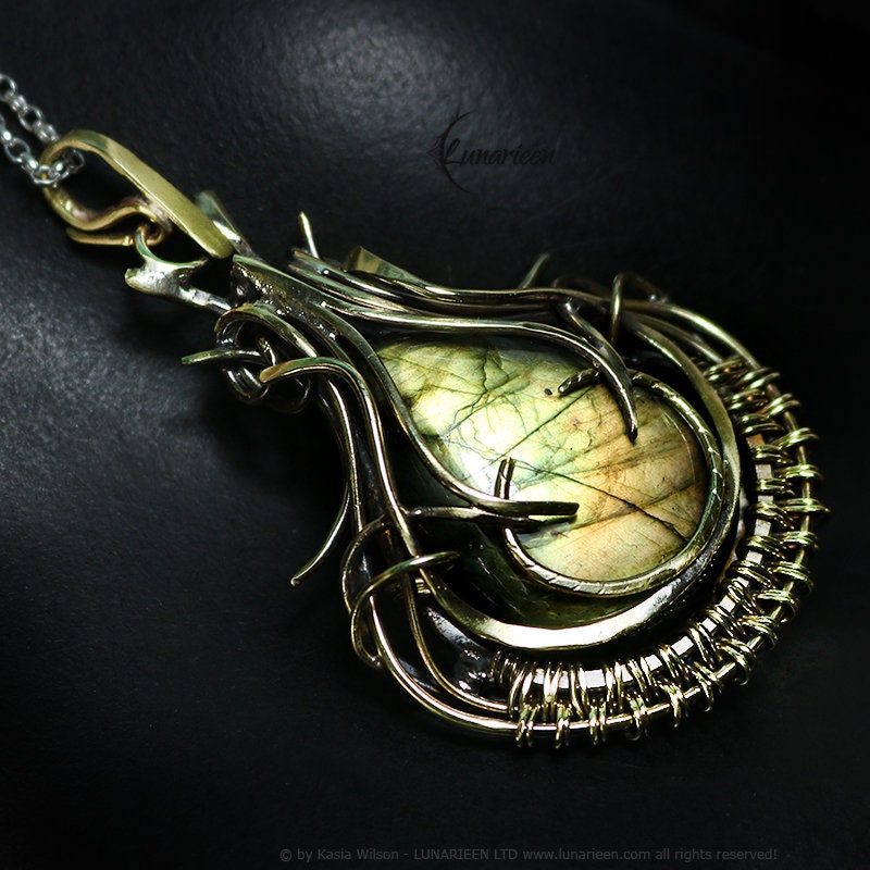 Brass Silver necklace Labradorite jewelry Elven pendant fantasy elvish gothic witchy vampire fashion unique gift wire wrapping jewellery