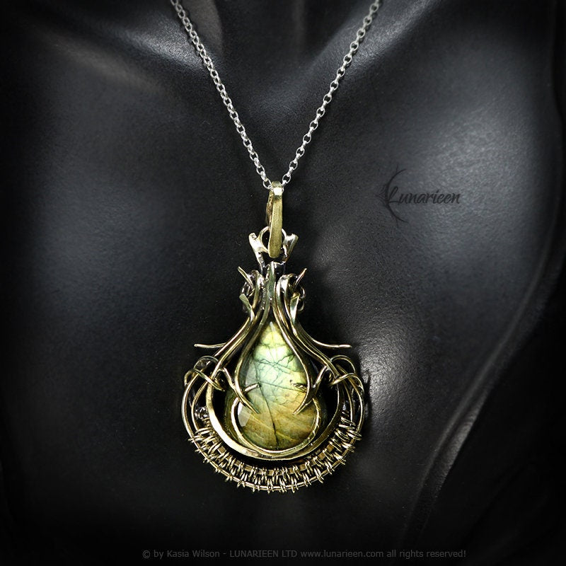 Brass Silver necklace Labradorite jewelry Elven pendant fantasy elvish gothic witchy vampire fashion unique gift wire wrapping jewellery