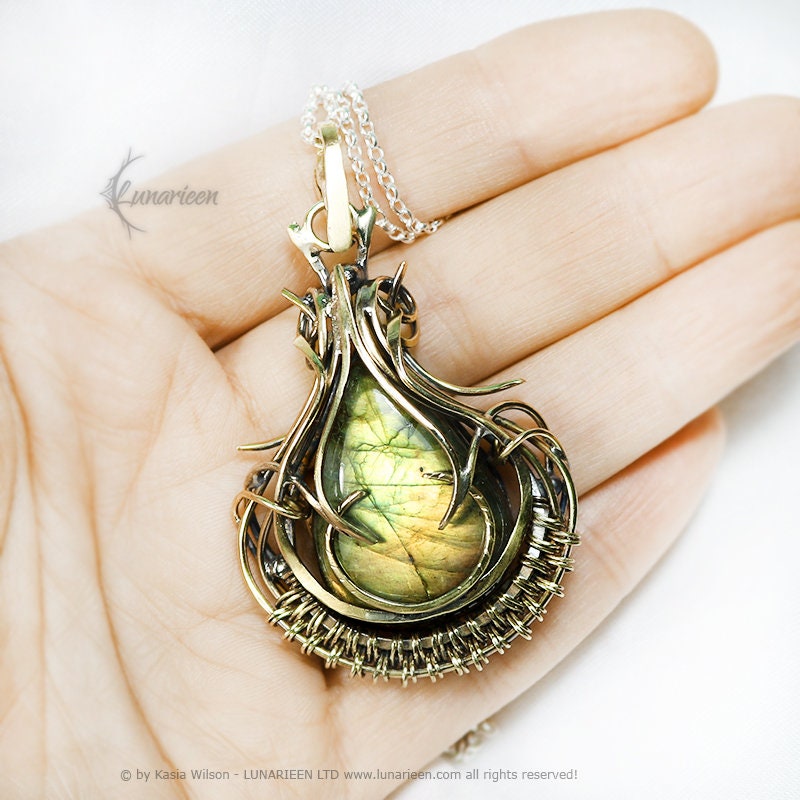 Brass Silver necklace Labradorite jewelry Elven pendant fantasy elvish gothic witchy vampire fashion unique gift wire wrapping jewellery