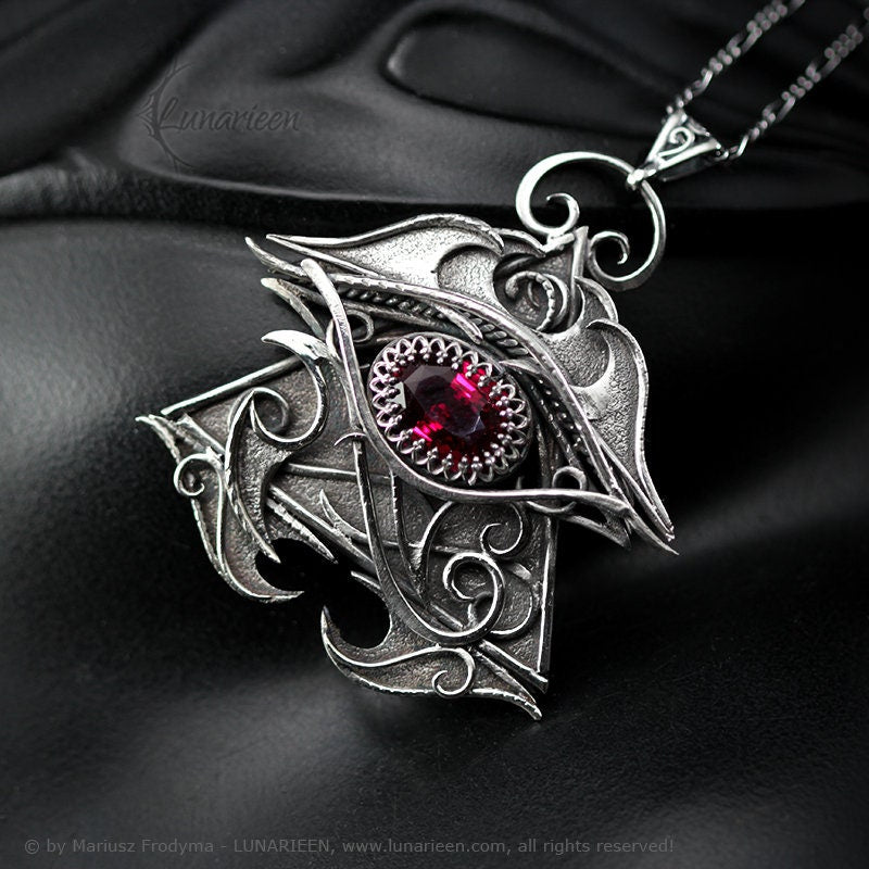 Sterling Silver Wire Wrap, Eye of Horus Gothic Necklace Pendant, Ruby, Eye Protection Symbol, Unique Unisex Jewelry Jewellery Gift