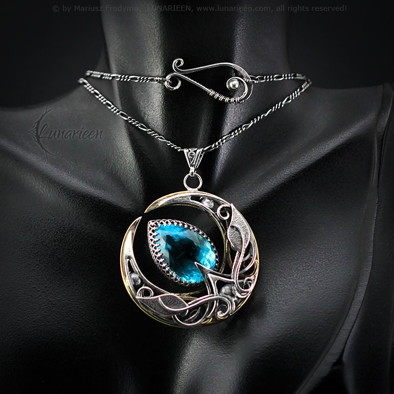 Sterling Silver & Brass Crescent Moon Gothic Filigree Necklace Pendant, Blue Aquamarine, Fantasy Elvish Gothic, Unisex Unique Gift Jewelry