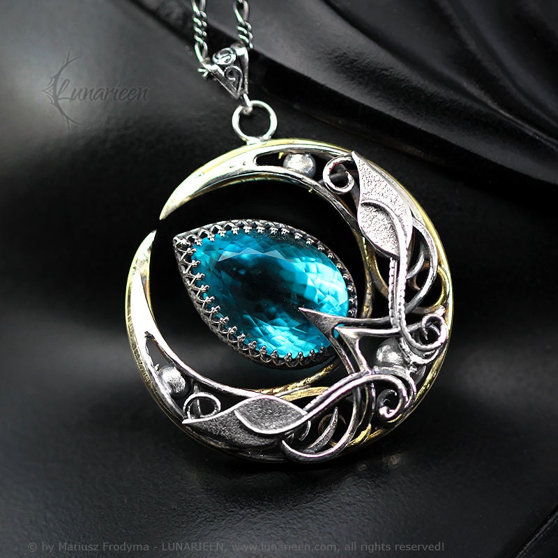 Sterling Silver & Brass Crescent Moon Gothic Filigree Necklace Pendant, Blue Aquamarine, Fantasy Elvish Gothic, Unisex Unique Gift Jewelry