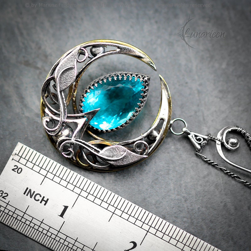 Sterling Silver & Brass Crescent Moon Gothic Filigree Necklace Pendant, Blue Aquamarine, Fantasy Elvish Gothic, Unisex Unique Gift Jewelry