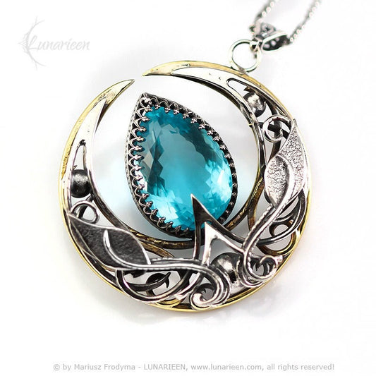 Sterling Silver & Brass Crescent Moon Gothic Filigree Necklace Pendant, Blue Aquamarine, Fantasy Elvish Gothic, Unisex Unique Gift Jewelry
