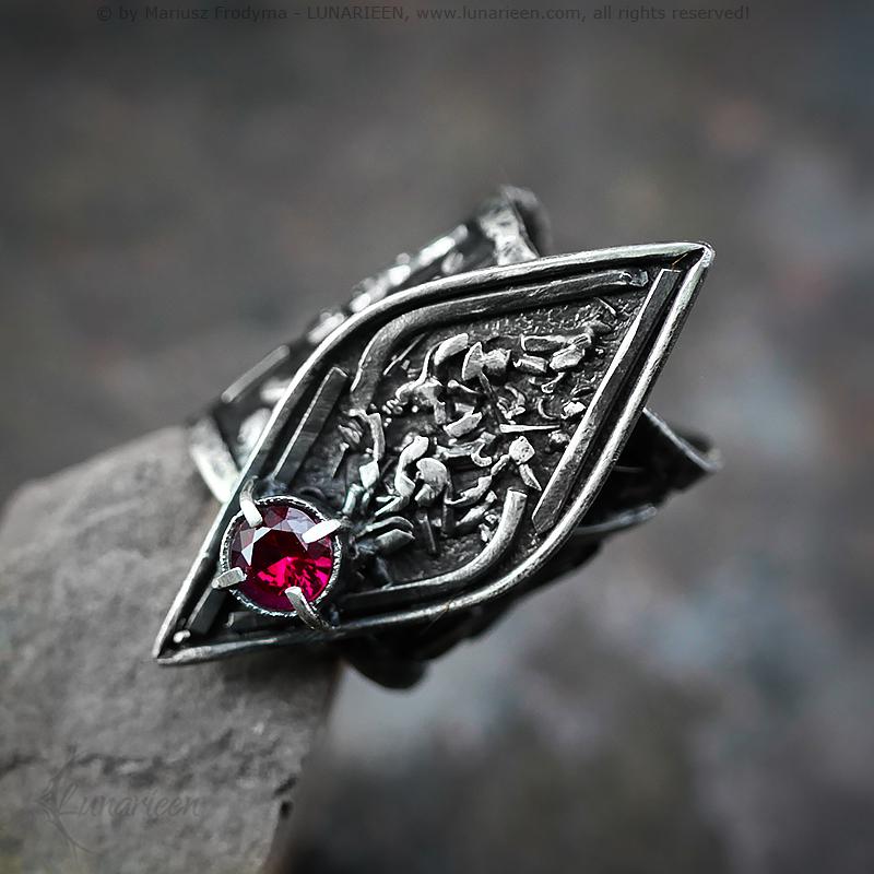 Rustic Molten Sterling Silver & Silver Plated Brass Ruby Cubic Zirconia Gothic Antique Hammered Ring Metalsmith Unisex Artisan Jewelry