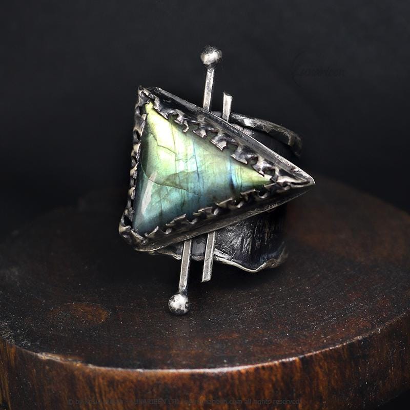 Textured Brutalist Style Ring Labradorite Artisan Jewelry Sterling Silver and Silver Plated Brass Gothic Cocktail Cross Modern Witchy Ring