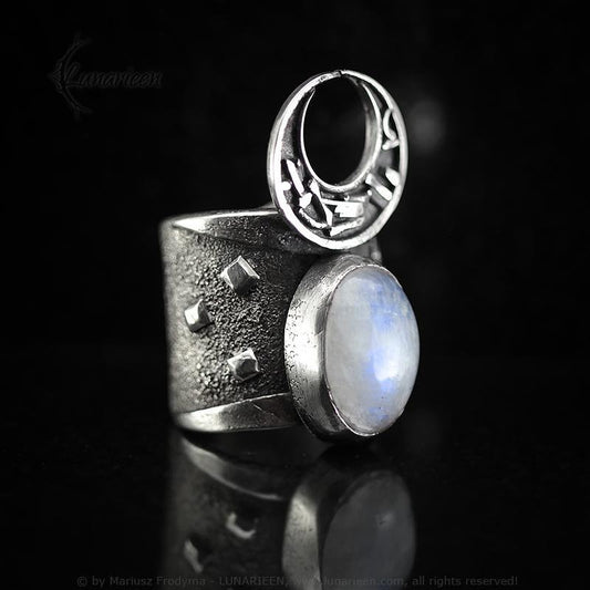 Handcrafted Rustic Sterling Silver Brutalist Style Crescent Moon Moonstone Artisan Jewelry Gothic Metalsmith Hammered Unique Statement Ring