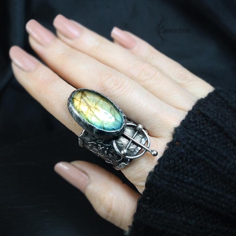 Rustic Hammered Mix Metal Brutalist Style Ring Labradorite Artisan Jewelry Sterling Silver and Silver Plated Brass Gothic Ring Metalsmith