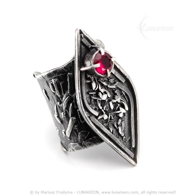 Rustic Molten Sterling Silver & Silver Plated Brass Ruby Cubic Zirconia Gothic Antique Hammered Ring Metalsmith Unisex Artisan Jewelry