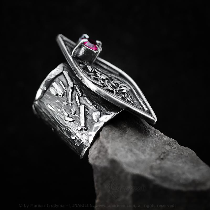 Rustic Molten Sterling Silver & Silver Plated Brass Ruby Cubic Zirconia Gothic Antique Hammered Ring Metalsmith Unisex Artisan Jewelry