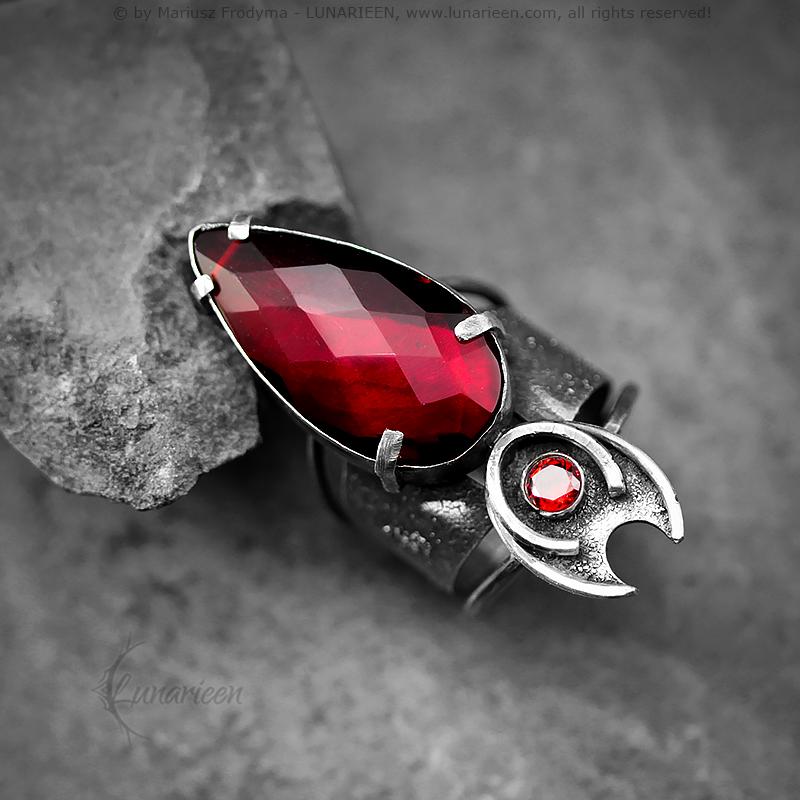 Handcrafted Rustic Brutalist Ring Textured Modern Faceted Red Quartz Oxidized Sterling Silver Gothic Trendy Jewelry Unique Statement Ring