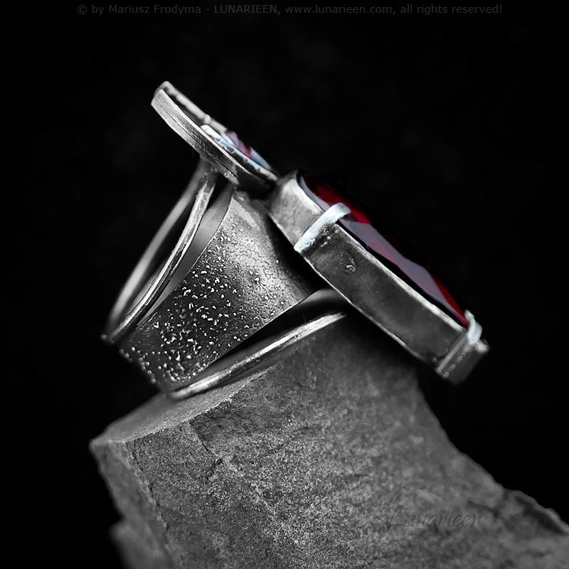 Handcrafted Rustic Brutalist Ring Textured Modern Faceted Red Quartz Oxidized Sterling Silver Gothic Trendy Jewelry Unique Statement Ring