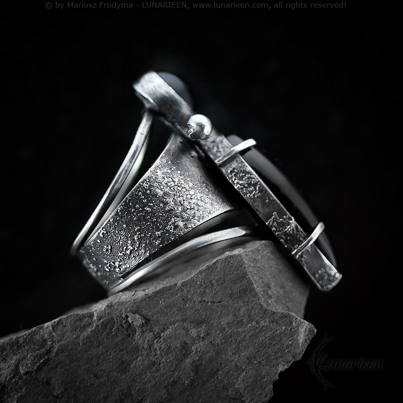 Handcrafted Rustic Brutalist Ring Textured Modern Natural Back Onyx Oxidized Sterling Silver Gothic Trendy Jewelry Unique Statement Ring