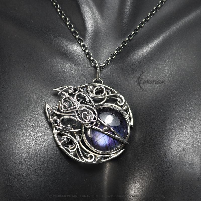Sterling Silver necklace Crescent Moon Pagan Pendant Purple Labradorite jewellery gothic style unique gift fantasy unisex vampire witchy