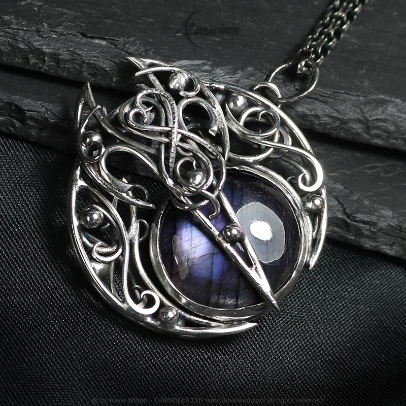 Sterling Silver necklace Crescent Moon Pagan Pendant Purple Labradorite jewellery gothic style unique gift fantasy unisex vampire witchy