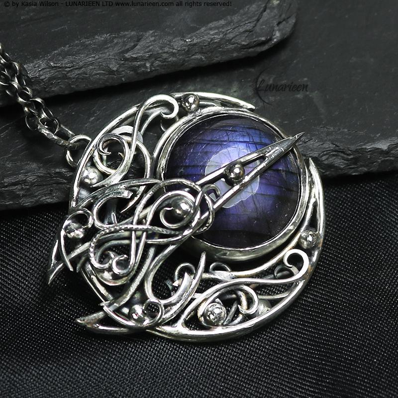 Sterling Silver necklace Crescent Moon Pagan Pendant Purple Labradorite jewellery gothic style unique gift fantasy unisex vampire witchy