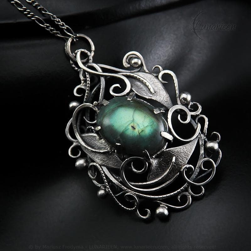 Sterling Silver Wire-Wrapping Antique Vintage Floral Victorian-Style Filigree Pendant Necklace Green Labradorite Unique Silver Jewelry Gift