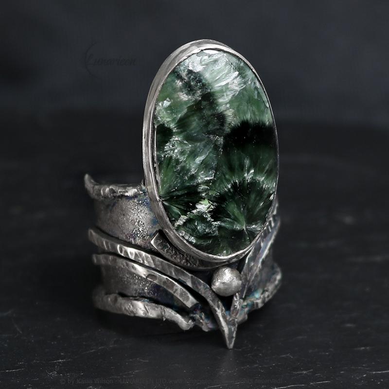 Handcrafted Brutalist Ring Textured Modern Seraphinite Artisan Jewelry Oxidized Sterling Silver Gothic Hammered Trendy Unique Statement Ring
