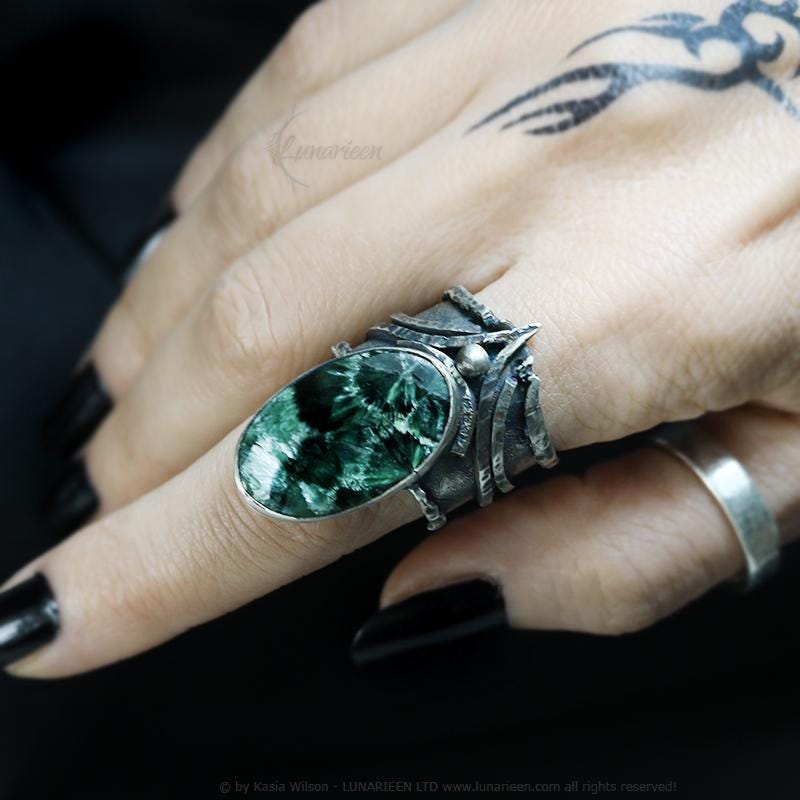 Handcrafted Brutalist Ring Textured Modern Seraphinite Artisan Jewelry Oxidized Sterling Silver Gothic Hammered Trendy Unique Statement Ring