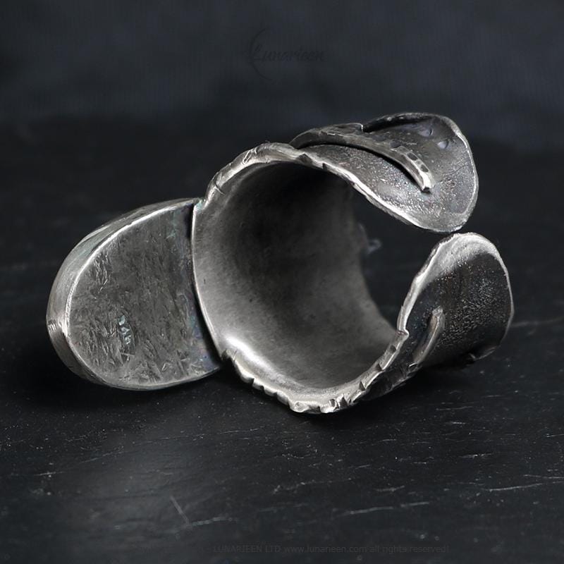 Handcrafted Brutalist Ring Textured Modern Seraphinite Artisan Jewelry Oxidized Sterling Silver Gothic Hammered Trendy Unique Statement Ring