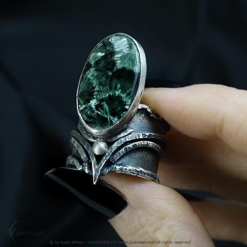 Handcrafted Brutalist Ring Textured Modern Seraphinite Artisan Jewelry Oxidized Sterling Silver Gothic Hammered Trendy Unique Statement Ring