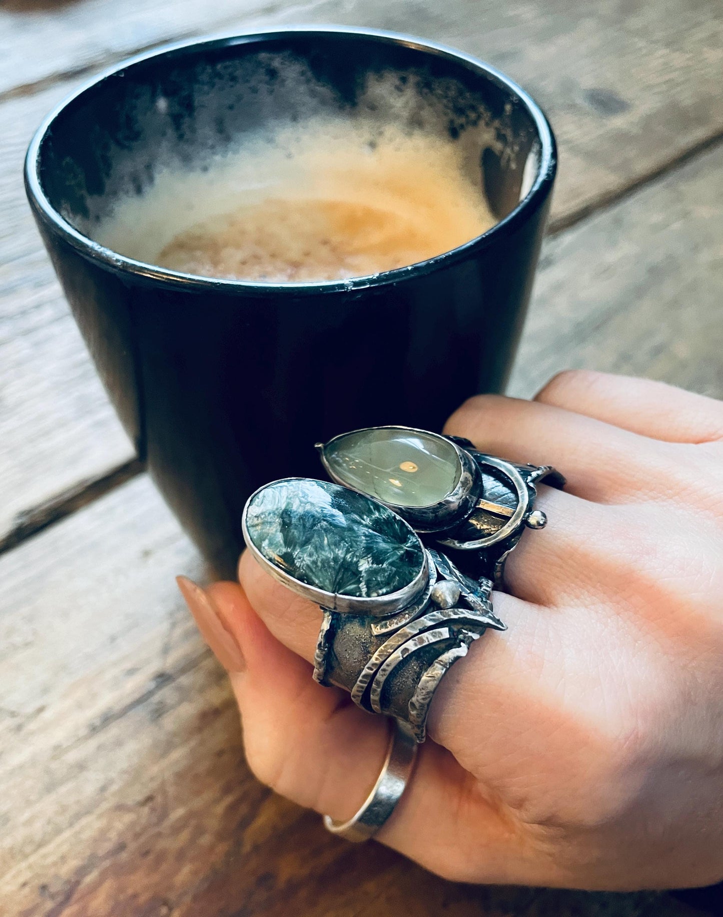 Handcrafted Brutalist Ring Textured Modern Seraphinite Artisan Jewelry Oxidized Sterling Silver Gothic Hammered Trendy Unique Statement Ring