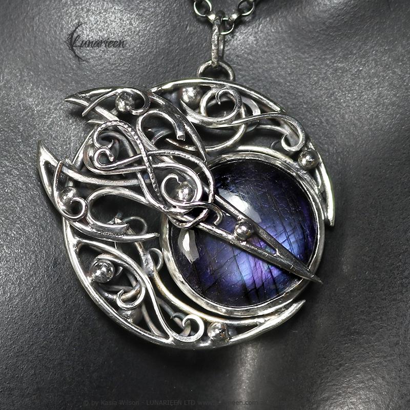 Sterling Silver necklace Crescent Moon Pagan Pendant Purple Labradorite jewellery gothic style unique gift fantasy unisex vampire witchy