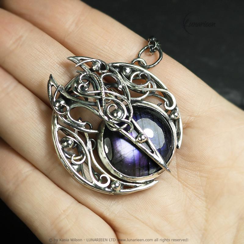 Sterling Silver necklace Crescent Moon Pagan Pendant Purple Labradorite jewellery gothic style unique gift fantasy unisex vampire witchy