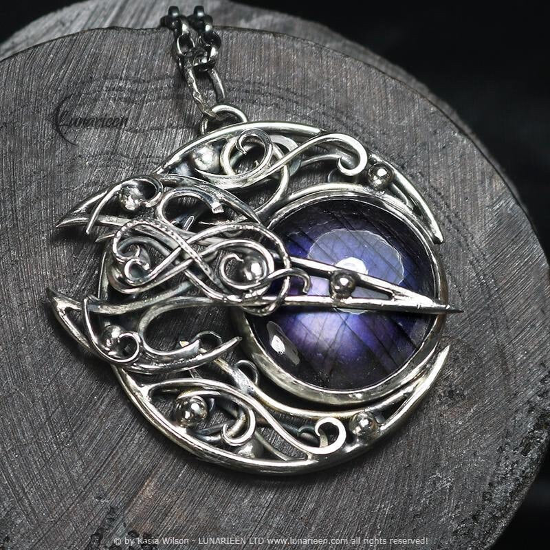 Sterling Silver necklace Crescent Moon Pagan Pendant Purple Labradorite jewellery gothic style unique gift fantasy unisex vampire witchy