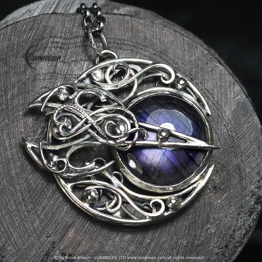 Sterling Silver necklace Crescent Moon Pagan Pendant Purple Labradorite jewellery gothic style unique gift fantasy unisex vampire witchy