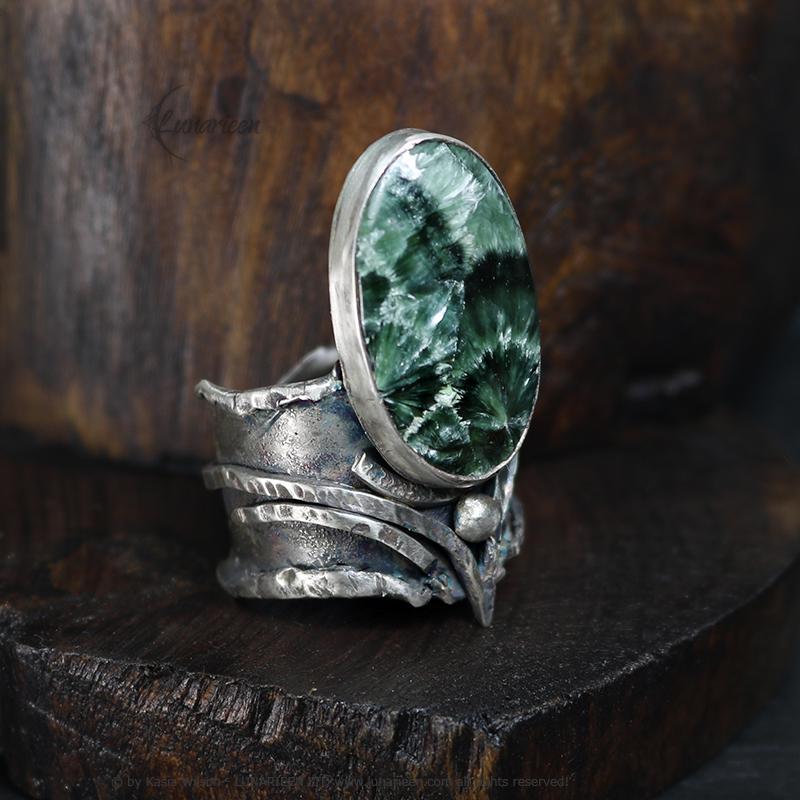 Handcrafted Brutalist Ring Textured Modern Seraphinite Artisan Jewelry Oxidized Sterling Silver Gothic Hammered Trendy Unique Statement Ring