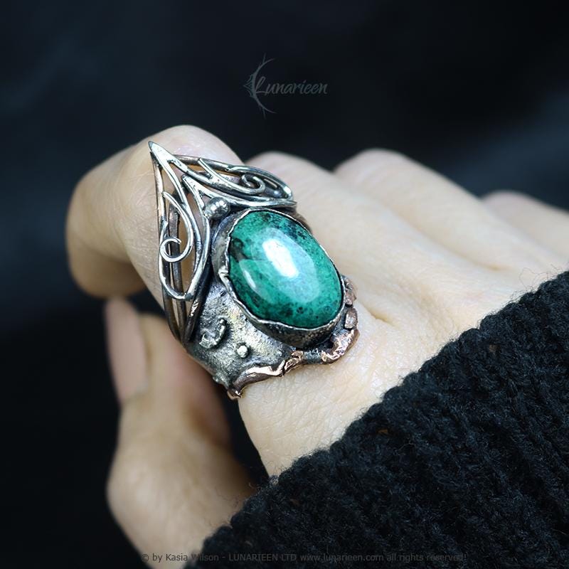 Handcrafted Rustic Brutalist Artisan Textured Chrysocolla Oxidized Silver Copper Bronze Antique Gothic Hammered Trendy Jewelry Unique Ring