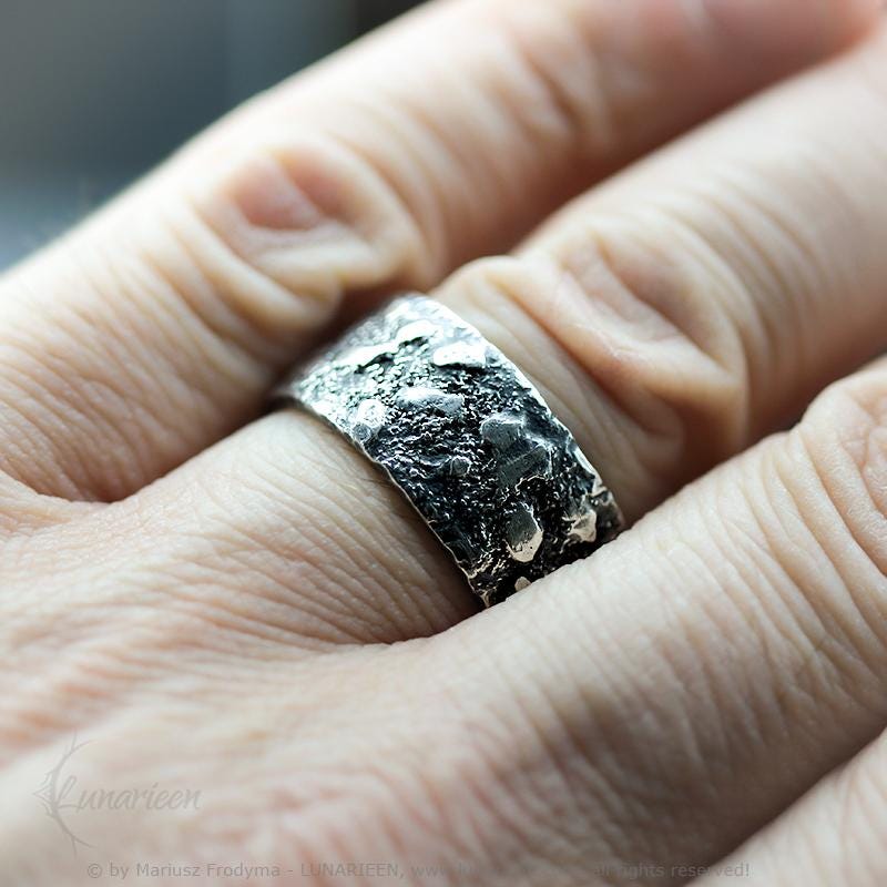 Handcrafted Rustic Sterling Silver Brutalist Rugged Oxidized Promise Ring Hand-Forged Viking Celtic Style Engagement Ring Mens Wedding Band